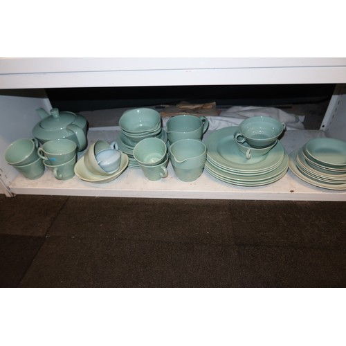 4044 - Two large decorative table lamps and a quantity of plain green breakfast ware and other miscellaneou... 