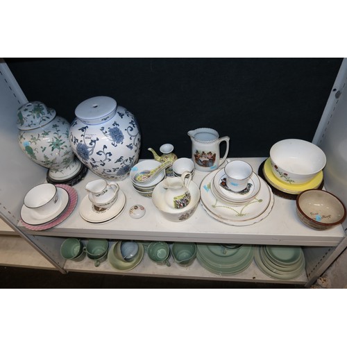 4044 - Two large decorative table lamps and a quantity of plain green breakfast ware and other miscellaneou... 
