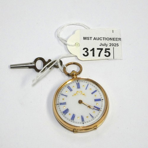 3175 - A ladies small engraved 18 carat gold cased fob watch