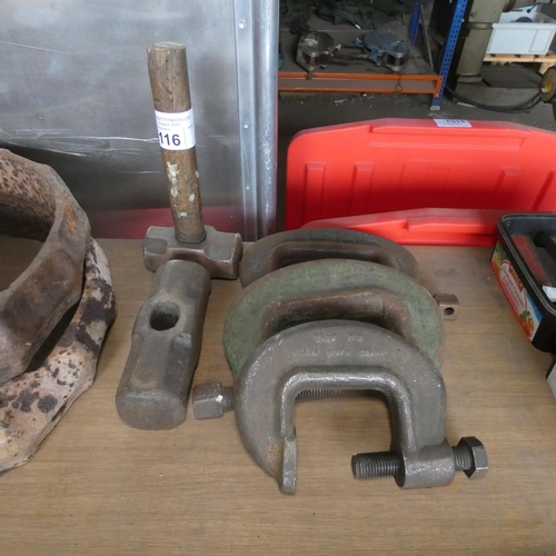 5116 - 3 x Lion heavy duty G clamps, 1 x hammer and 1 x hammer head
