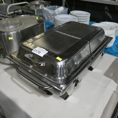 2170 - A commercial stainless steel chaffing dish with stand, lid and 3 burners