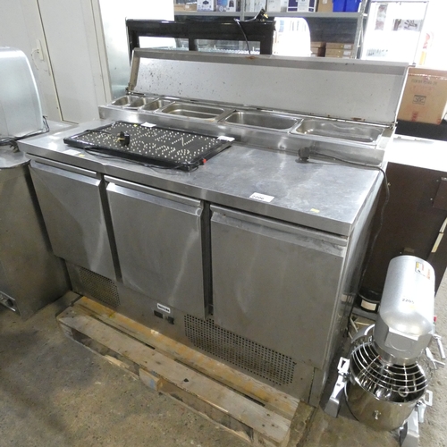 2206 - A commercial stainless steel 3 door bench fridge with salad bar/pizza prep by Gastro line trade