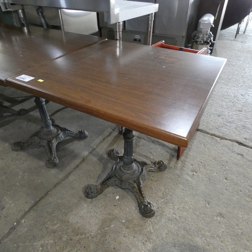 2260 - A square wood effect pub / Cafe type table with decorative cast iron base approx 70*70*77cm
