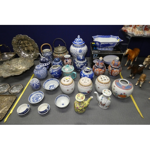 4221 - 2 Imari jars with covers and a quantity of miscellaneous decorative oriental jars and pots etc