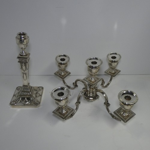 4156 - An Elizabeth 2nd very ornate embossed silver five branch candelabra with a square tapered column & s... 