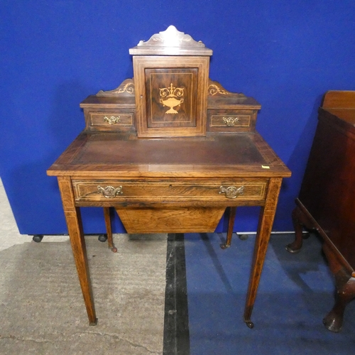 4400 - An Edwardian marquetry inlaid rosewood bonheur-du-jour with leathered writing surface, trinket drawe... 