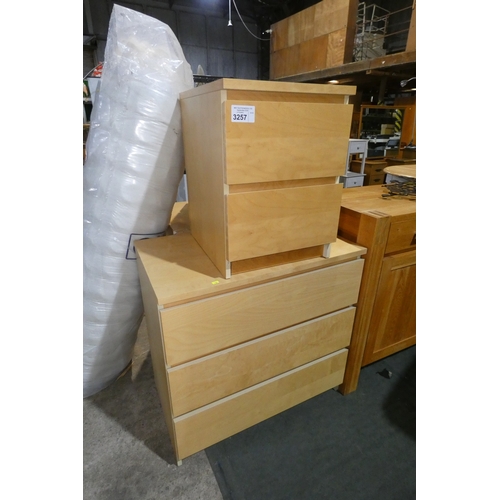 3257 - 1 x wood effect chest of 3 drawers approx 80cm wide and 1 x matching bedside cabinet