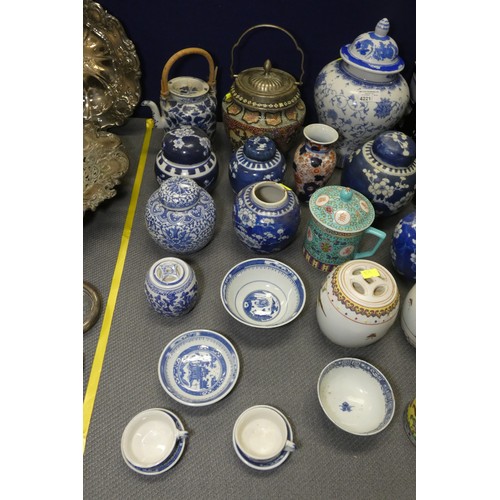 4221 - 2 Imari jars with covers and a quantity of miscellaneous decorative oriental jars and pots etc