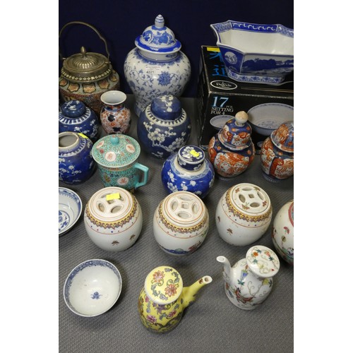 4221 - 2 Imari jars with covers and a quantity of miscellaneous decorative oriental jars and pots etc
