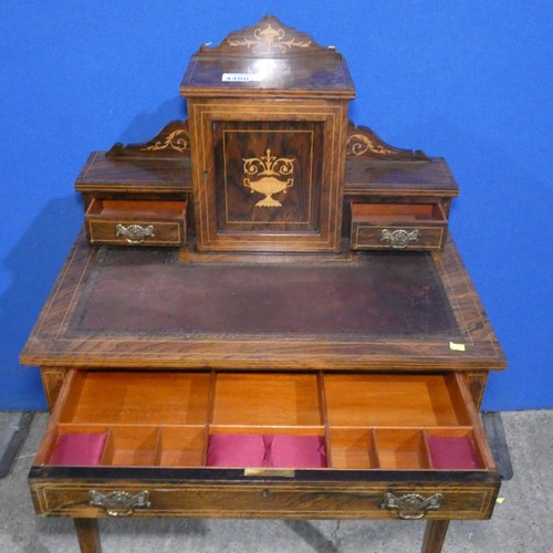 4400 - An Edwardian marquetry inlaid rosewood bonheur-du-jour with leathered writing surface, trinket drawe... 