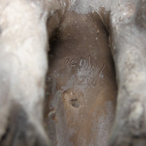 4039 - A studio pottery hare sculpture with unidentified signature underneath (see photographs) approx 18cm... 