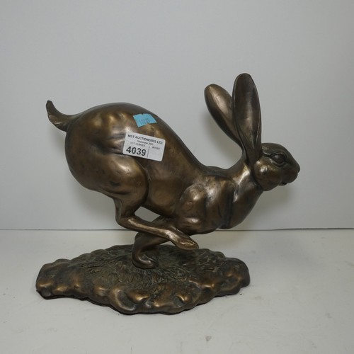 4039 - A studio pottery hare sculpture with unidentified signature underneath (see photographs) approx 18cm... 
