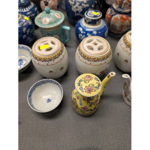 4221 - 2 Imari jars with covers and a quantity of miscellaneous decorative oriental jars and pots etc