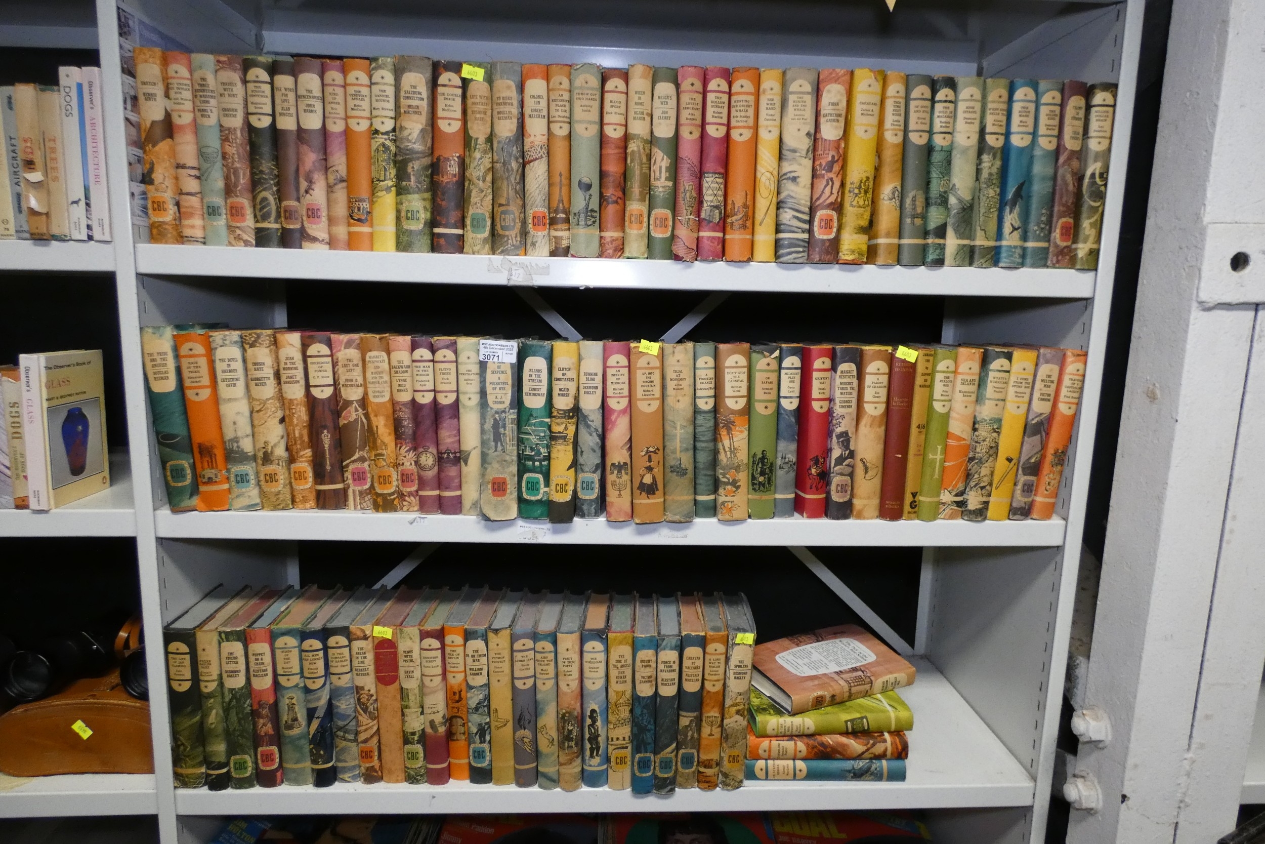 A collection of hardbacked books mainly novels (three shelves)