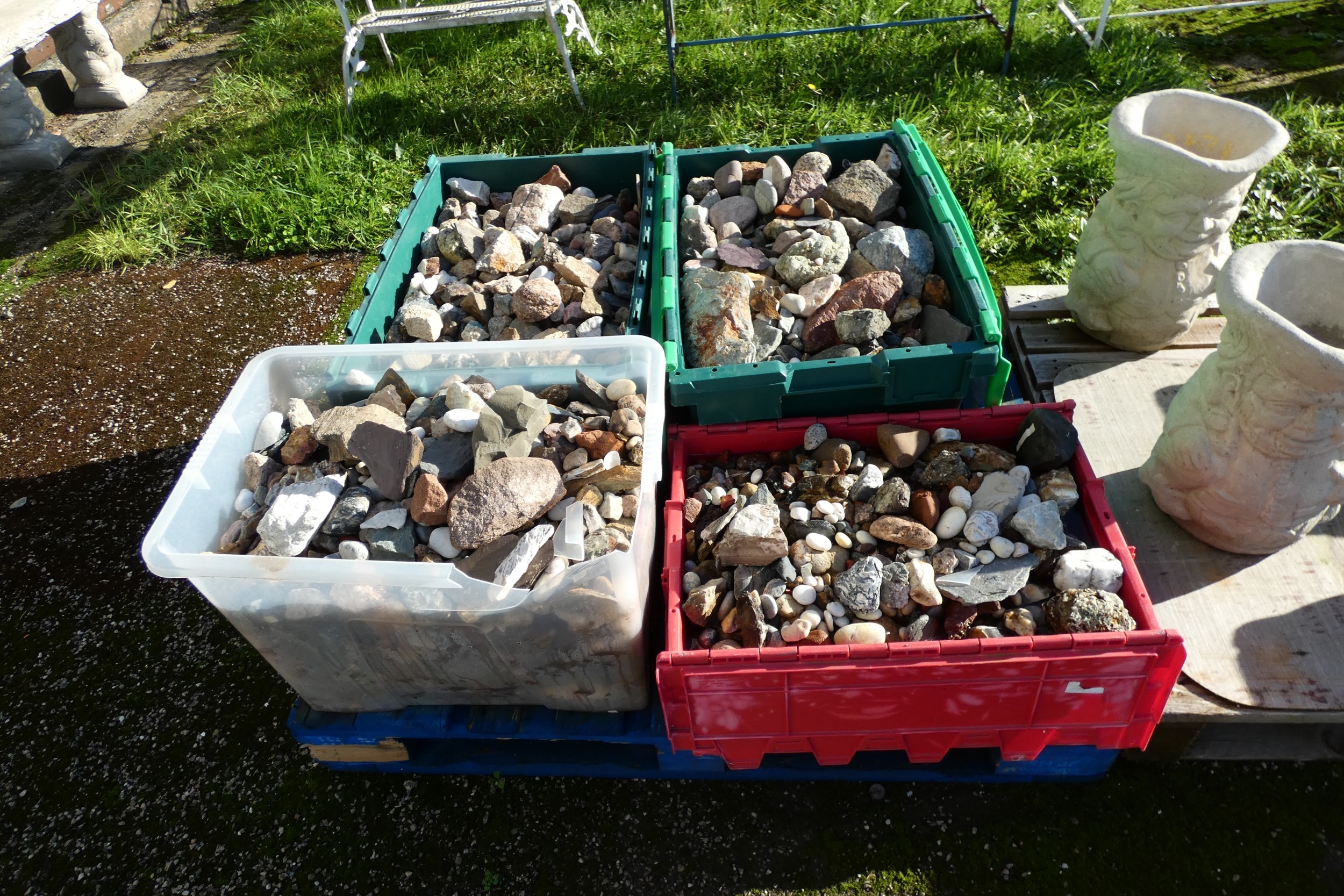 A pallet containing 4x crates of various rocks, minerals, stone, slate ...