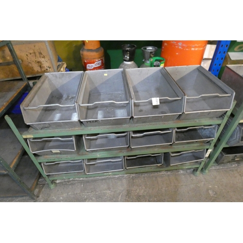 A green metal rack approx 135cm wide containing 12 x metal Tote type ...
