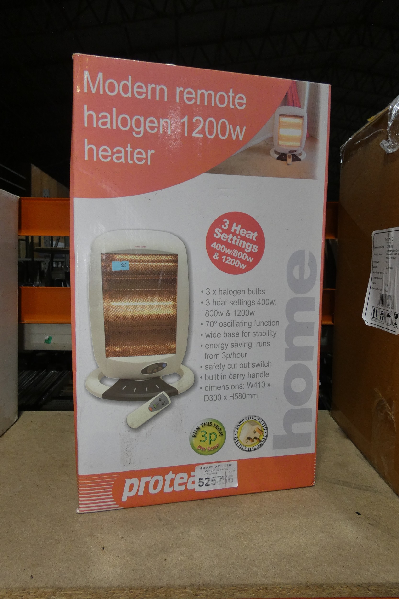 A box containing a proteam TN12 7hf remote halogen 1200 watt heater