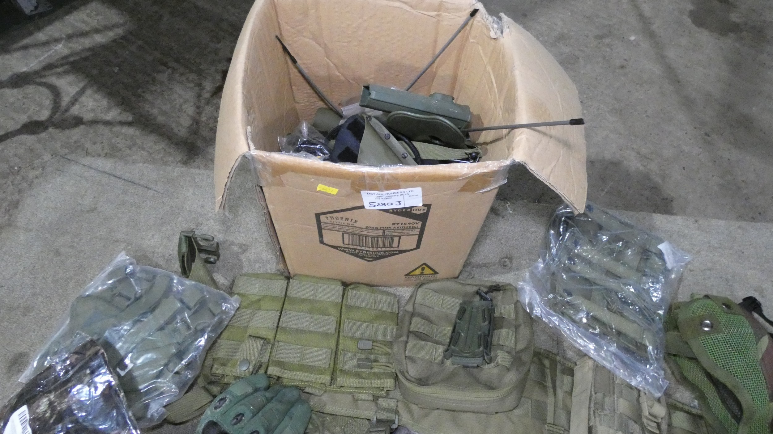 Two boxes containing a quantity of various tactical Gear, including ...