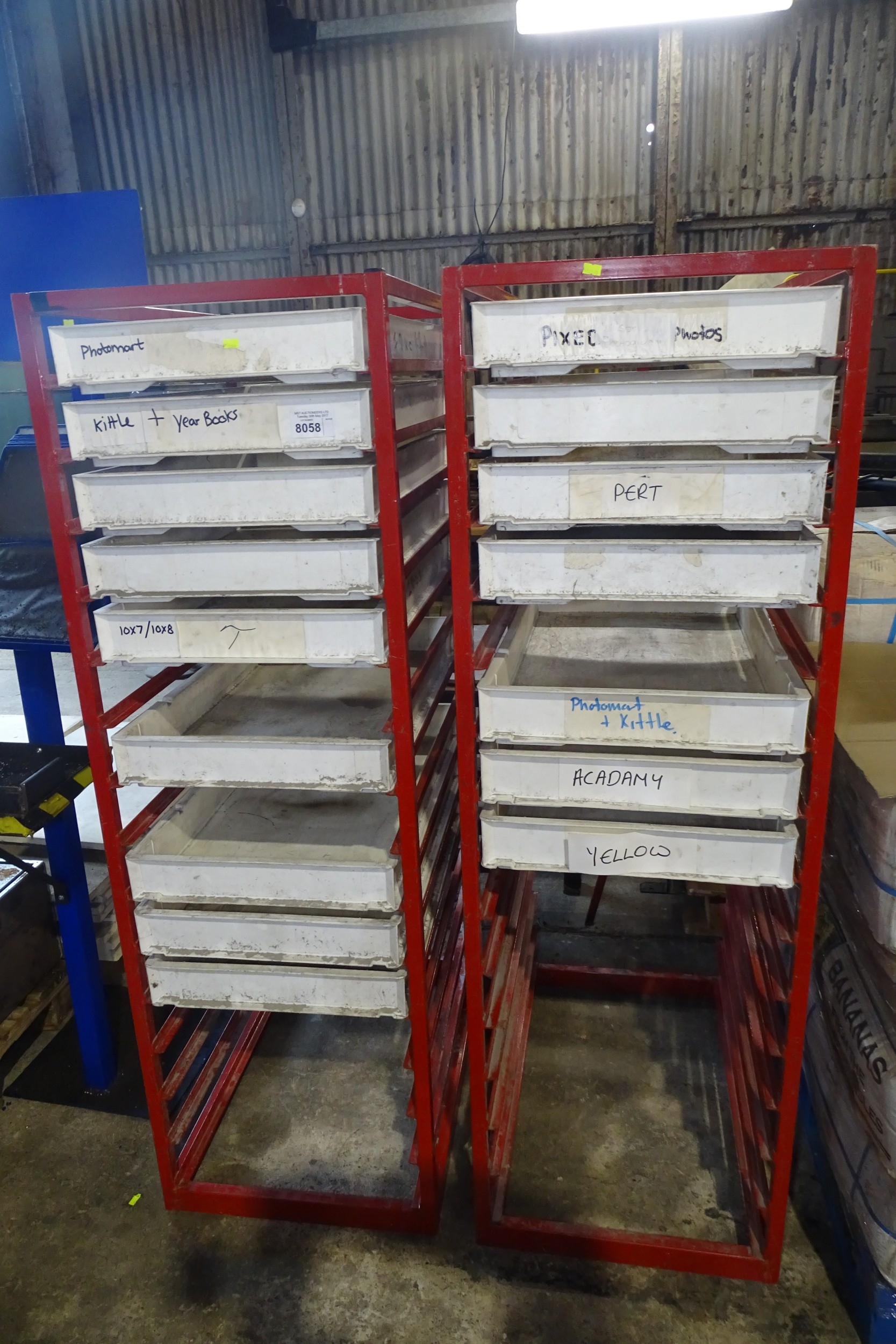 2 x Red painted metal drawer racks each approx 52cm w x 78cm d x 162cm h