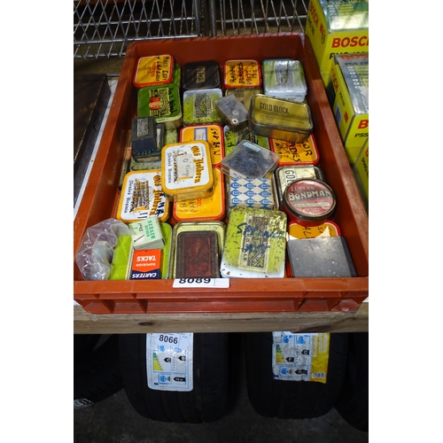 8089 - 1 Box containing a quantity of various small tins that include springs, screws and washers etc