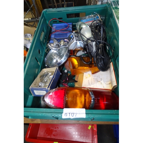 8107 - 1 Box containing a quantity of various car spares and a battery charger