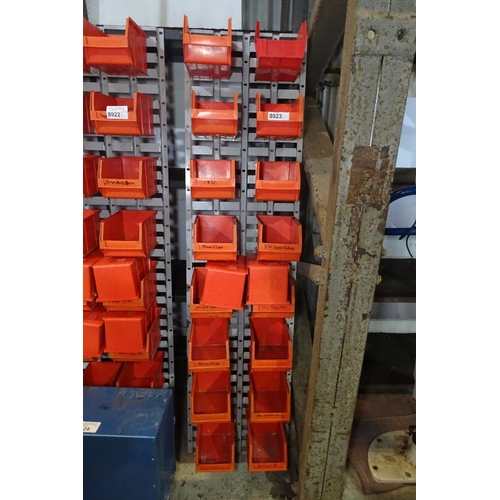 18 x Lin type bins and a metal lin bin rack approx 43.5cm w x 168cm h