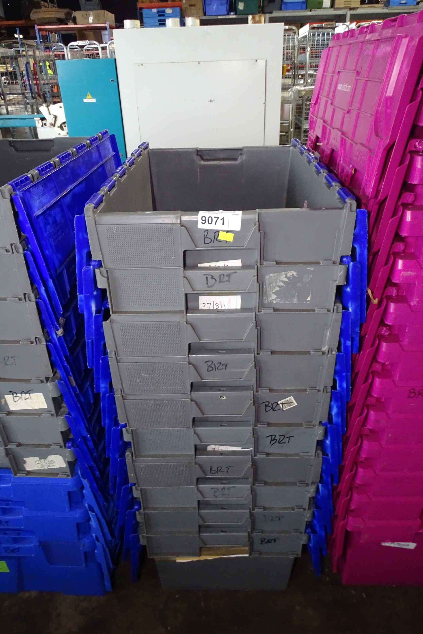 10 x Grey/Blue plastic stacking crates with folding lids