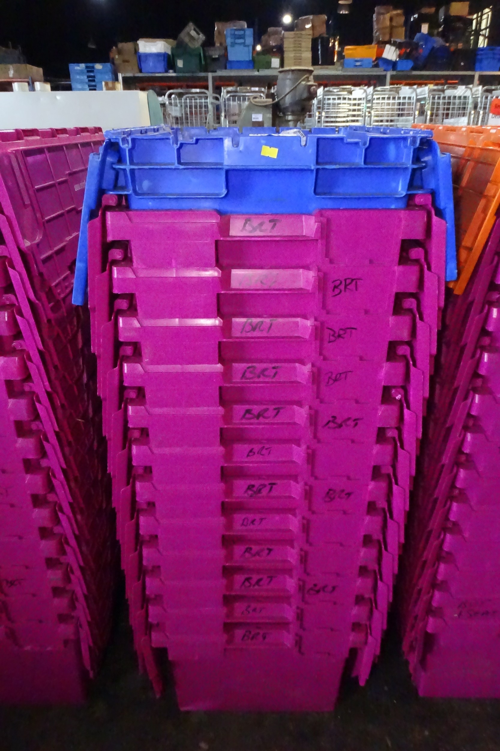 12 x Purple and 1 x Blue plastic stacking crates with folding lids