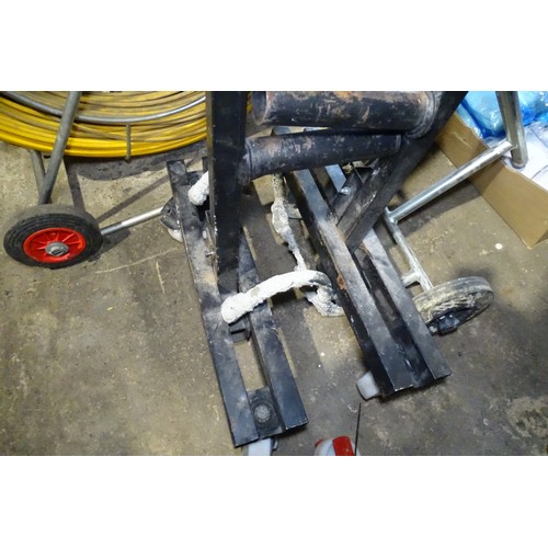 8142 - A black metal two part wheeled frame (for dispensing floor coverings?) and 1 x mixing station trolle... 