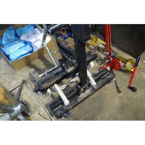 8142 - A black metal two part wheeled frame (for dispensing floor coverings?) and 1 x mixing station trolle... 