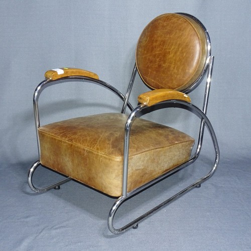1111 - 1 x Brown Leather and tubular steel Art Deco style arm chair with wooden arm rests