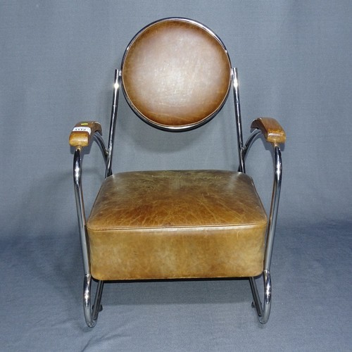 1111 - 1 x Brown Leather and tubular steel Art Deco style arm chair with wooden arm rests
