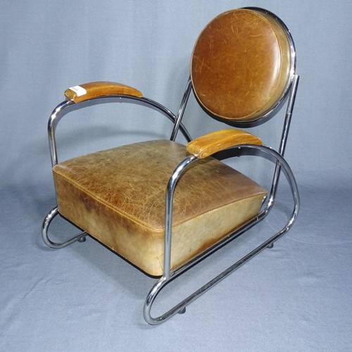 1112 - 1 x Brown Leather and tubular steel arm Art Deco style chair with wooden arm rests