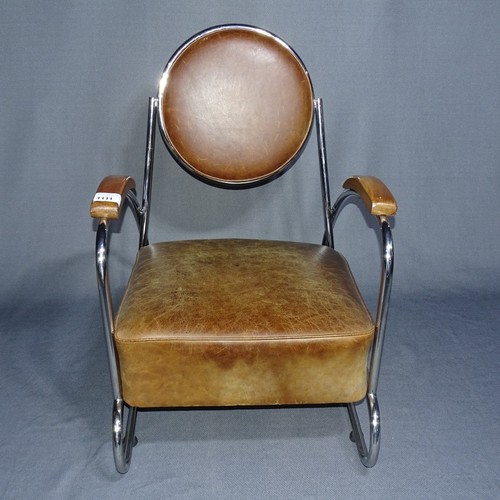 1112 - 1 x Brown Leather and tubular steel arm Art Deco style chair with wooden arm rests