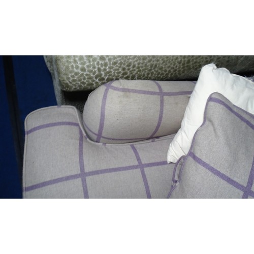 1005 - 1 x 3 seater grey and purple fabric upholstered sofa approx 205cm w