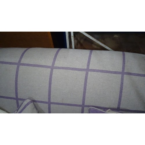 1005 - 1 x 3 seater grey and purple fabric upholstered sofa approx 205cm w