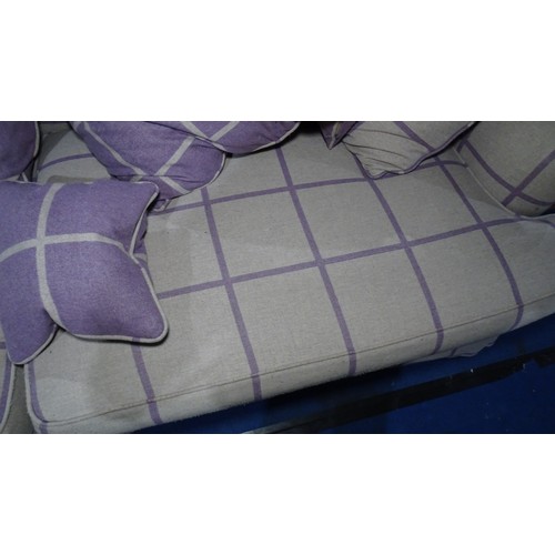 1005 - 1 x 3 seater grey and purple fabric upholstered sofa approx 205cm w