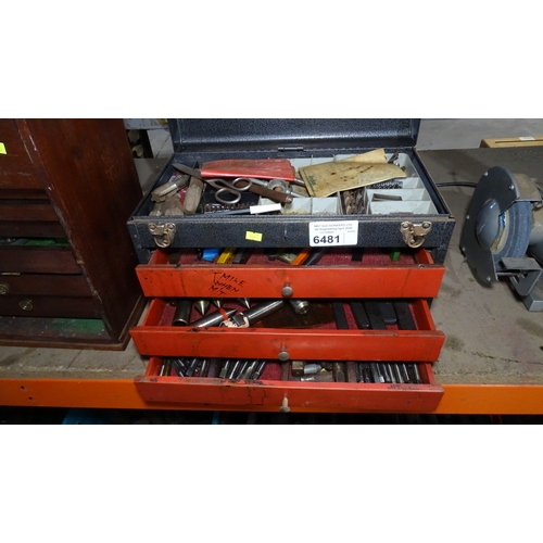 1 x Vintage metal tool box with 3 drawers and a quantity of various ...