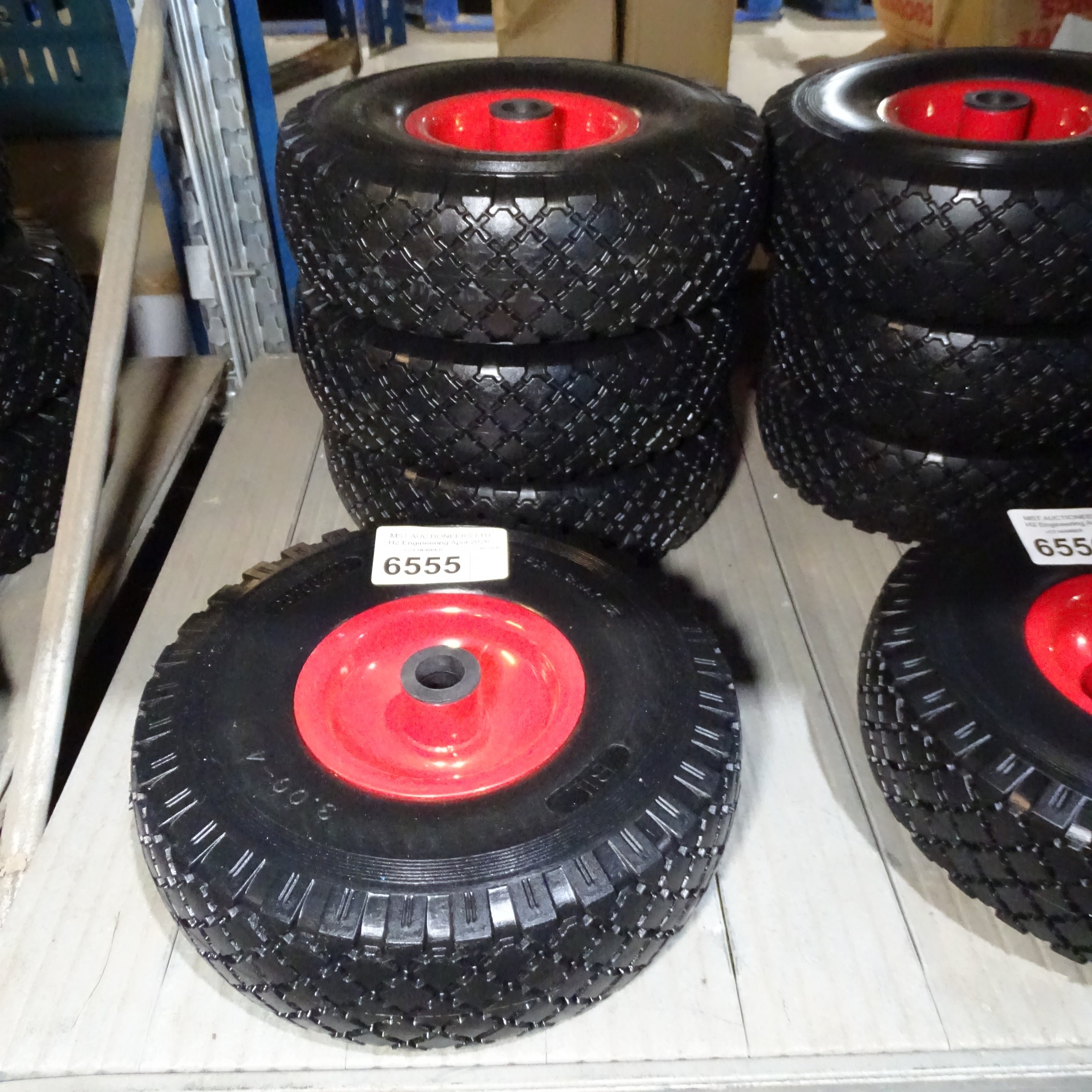 4 x small red metal wheels fitted with BIL 3.00-4 puncture resistant tyres