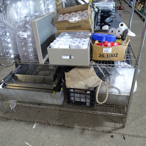 1142 - A quantity of various catering related items including till rolls, plastic bags, stainless steel fil... 