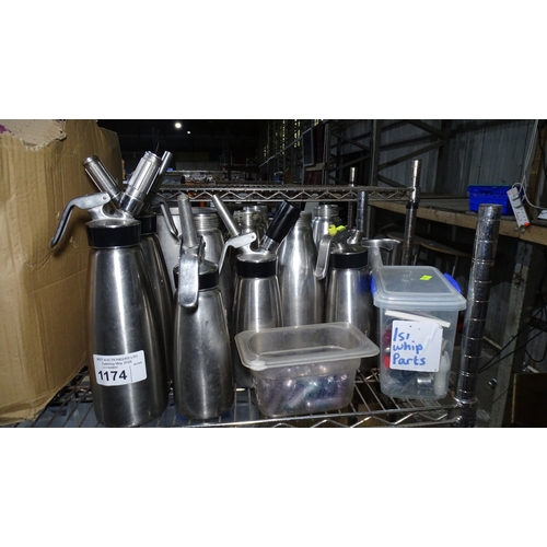 1174 - A quantity of co2 powered cream dispensers by ISI , jugs, mosa pro capsules etc, contents of 1/2 a S... 