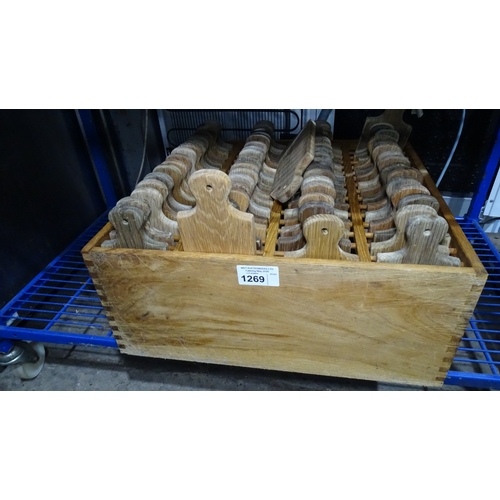 1269 - A box containing 64 wooden paddle serving boards