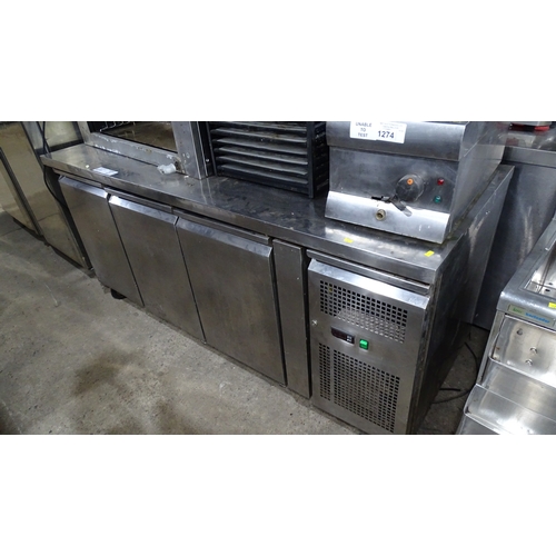 1277 - VAT. A commercial stainless steel mobile 3 door bench fridge prep table approx 180*70*84 trade - una... 