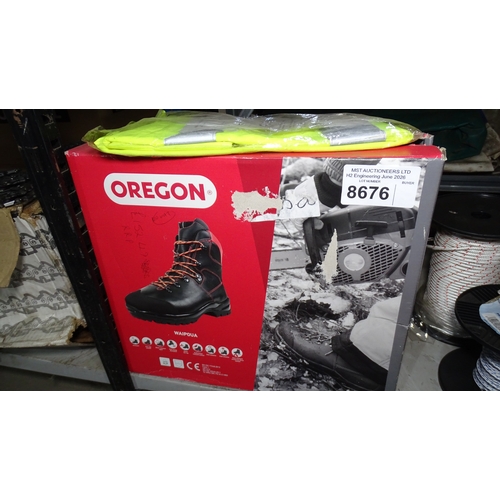 A pair of Oregon Waipoua chainsaw boots - Size 8 and a hi-vis vest RRP £100