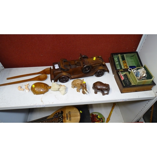 5003 - A wooden model of vintage car, a vintage sewing set and a quantity of miscellaneous wooden and other... 