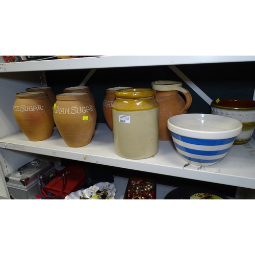 5061 - A collection of five pottery named kitchen jars, a blue and white white Cornish ware mixing bowl and... 