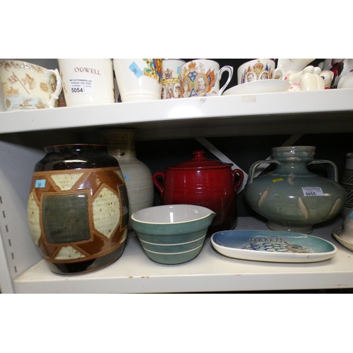 5055 - A quantity of miscellaneous large stoneware vases, jugs, kitchen pots and beakers etc (two shelves)... 