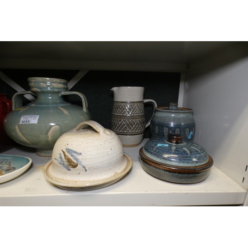 5055 - A quantity of miscellaneous large stoneware vases, jugs, kitchen pots and beakers etc (two shelves)... 