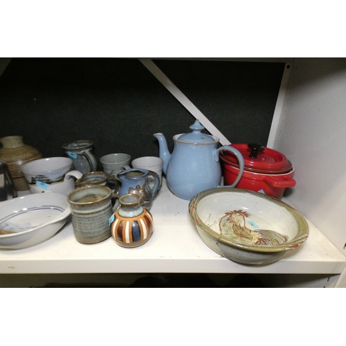 5055 - A quantity of miscellaneous large stoneware vases, jugs, kitchen pots and beakers etc (two shelves)... 