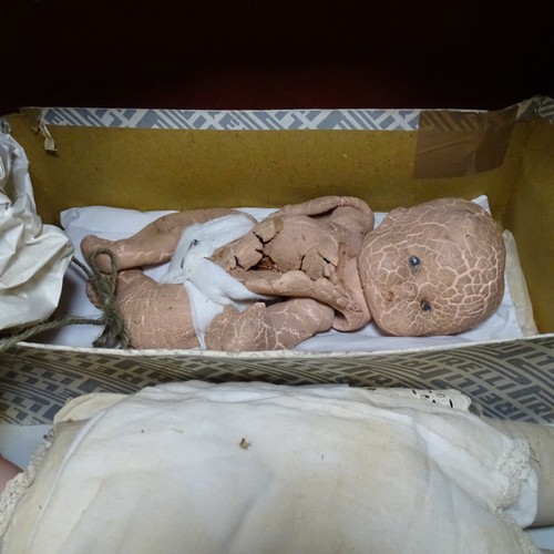 5021 - A quantity of miscellaneous vintage soft toys and a porcelain head doll. Note Cows head is damaged. ... 